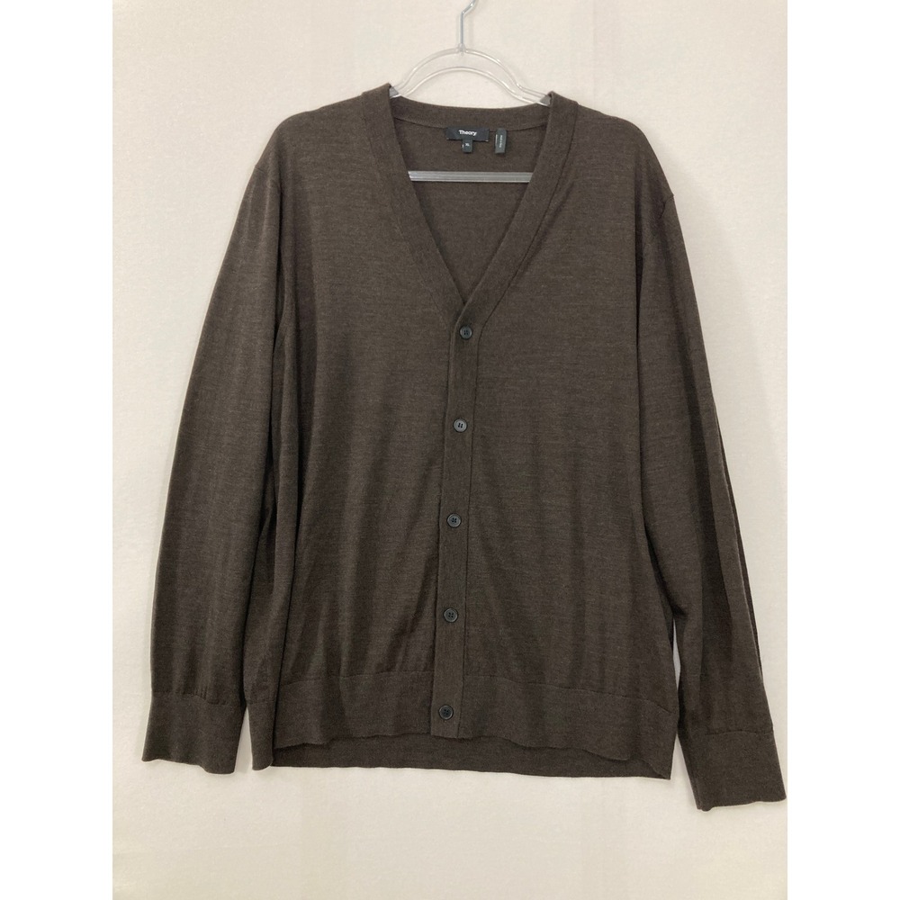 Theory Mens V-neck Cardigan XL Brown Regal Wool Button Front Knit Sweater